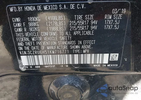 2019 Honda Hr-V Ex z USA, uszkodzony, nr VIN 3CZRU6H51KM716771